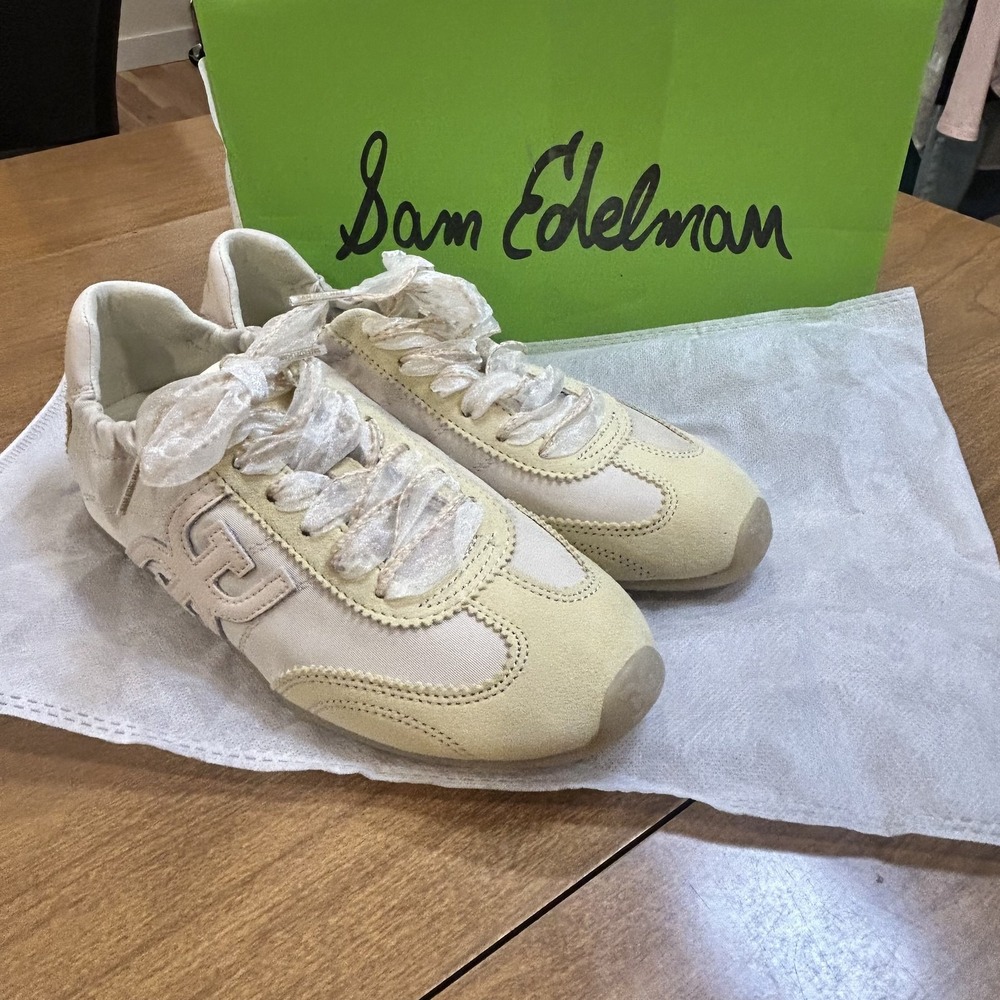 Sam Edelman Isella 3 Shoes Womens Size 7 Beige Ecru Satin Suede Sneakers NEW